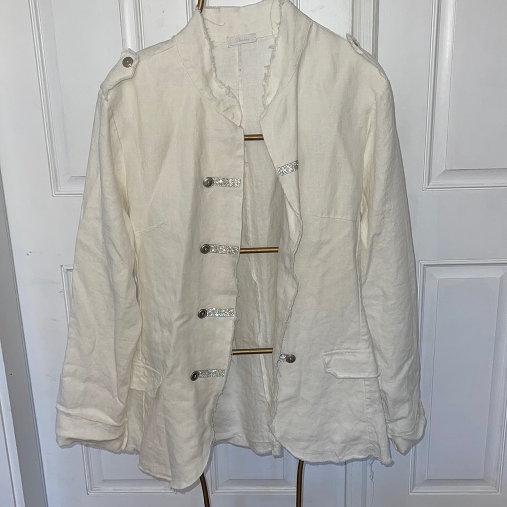 I LOVE LINEN white rhinestone military unstructured jacket
